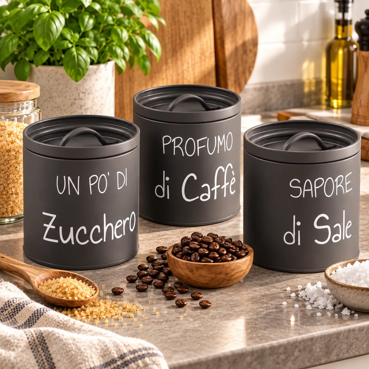 Montemaggi Smoke Box Set 3 Barattoli Sale Zucchero Caffè in Metallo Antracite CMT614