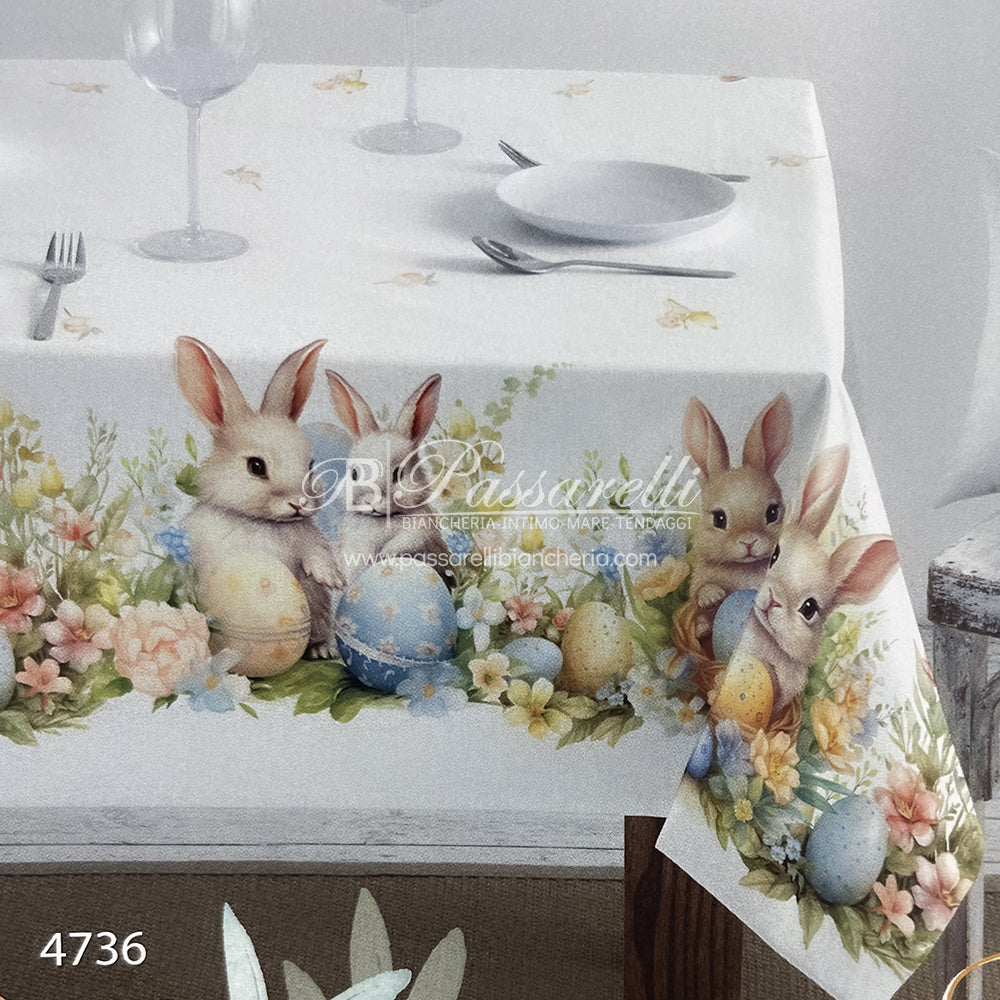 Tovaglia di PASQUA rettangolare in puro cotone - Fiori e Coniglietti