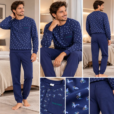 Pigiama da Uomo Serafino  Invernale in Caldo Cotone 100% A9405 Sciare