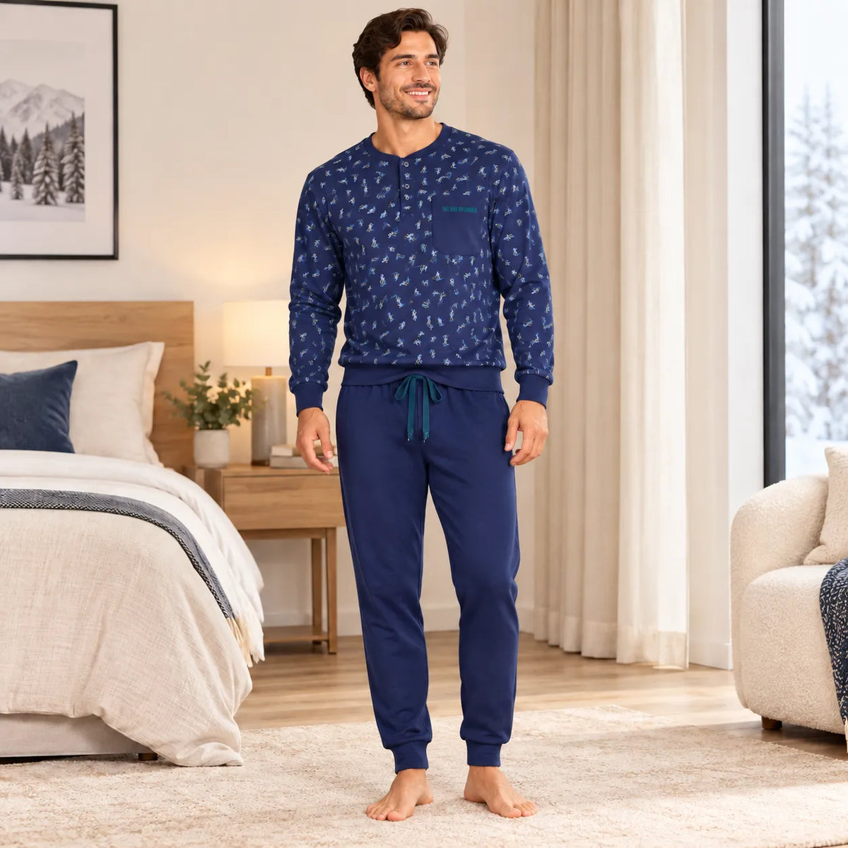 Pigiama da Uomo Serafino  Invernale in Caldo Cotone 100% A9405 Sciare
