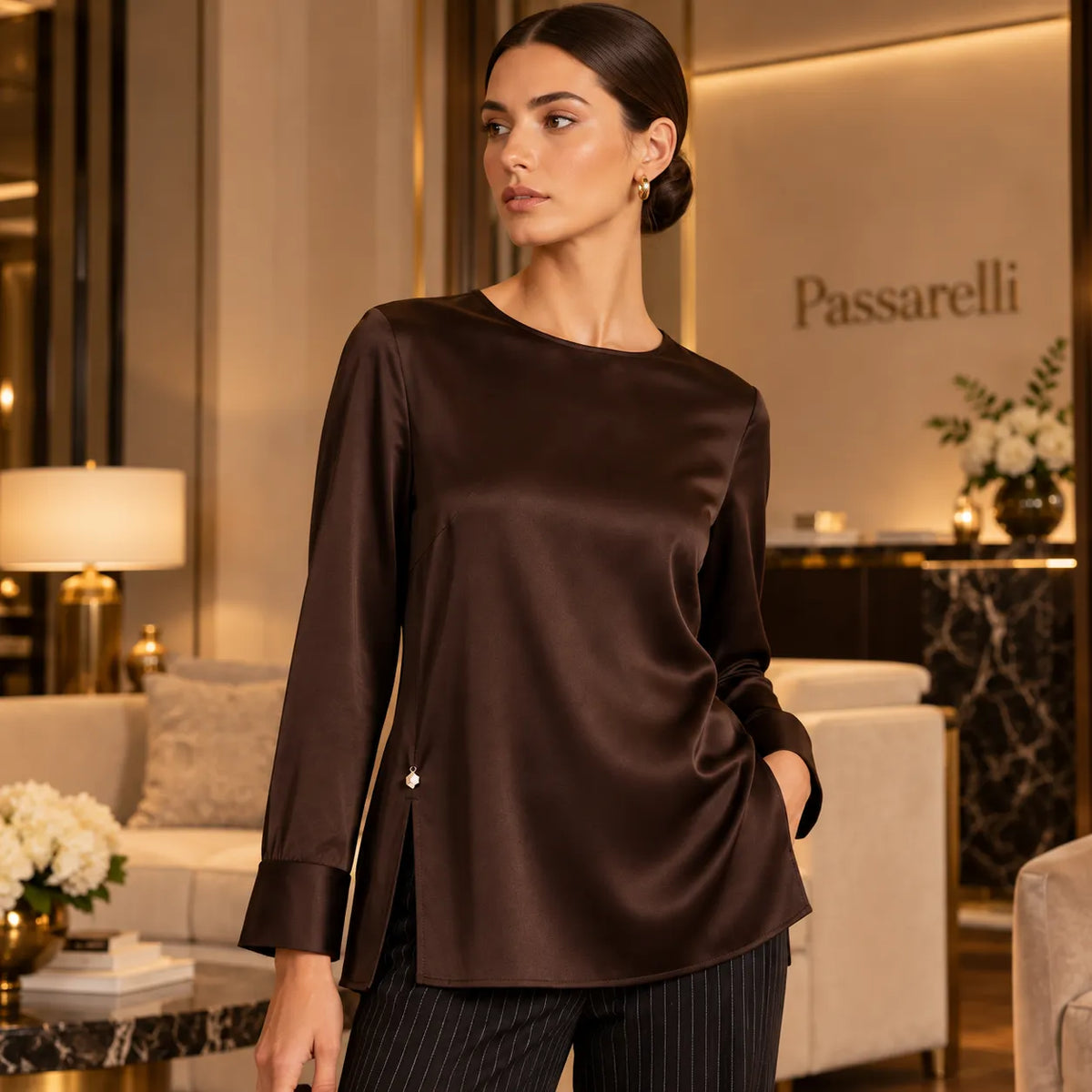 Ragno Blusa con manica lunga in Stretch Satin DS51S9