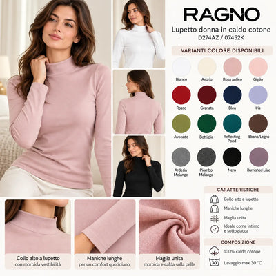 Ragno Maglietta da Donna a Collo alto in Caldo Cotone D274AZ - 07452K
