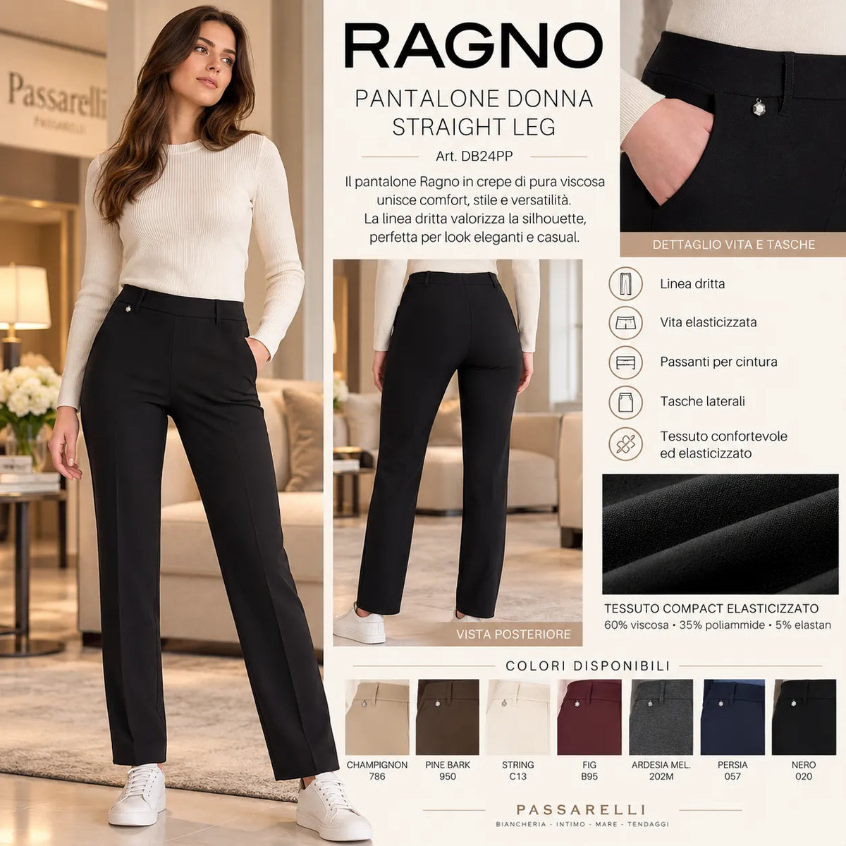 Ragno Pantalone da Donna Straight Leg in Viscosa Elasticizzata DB24PP