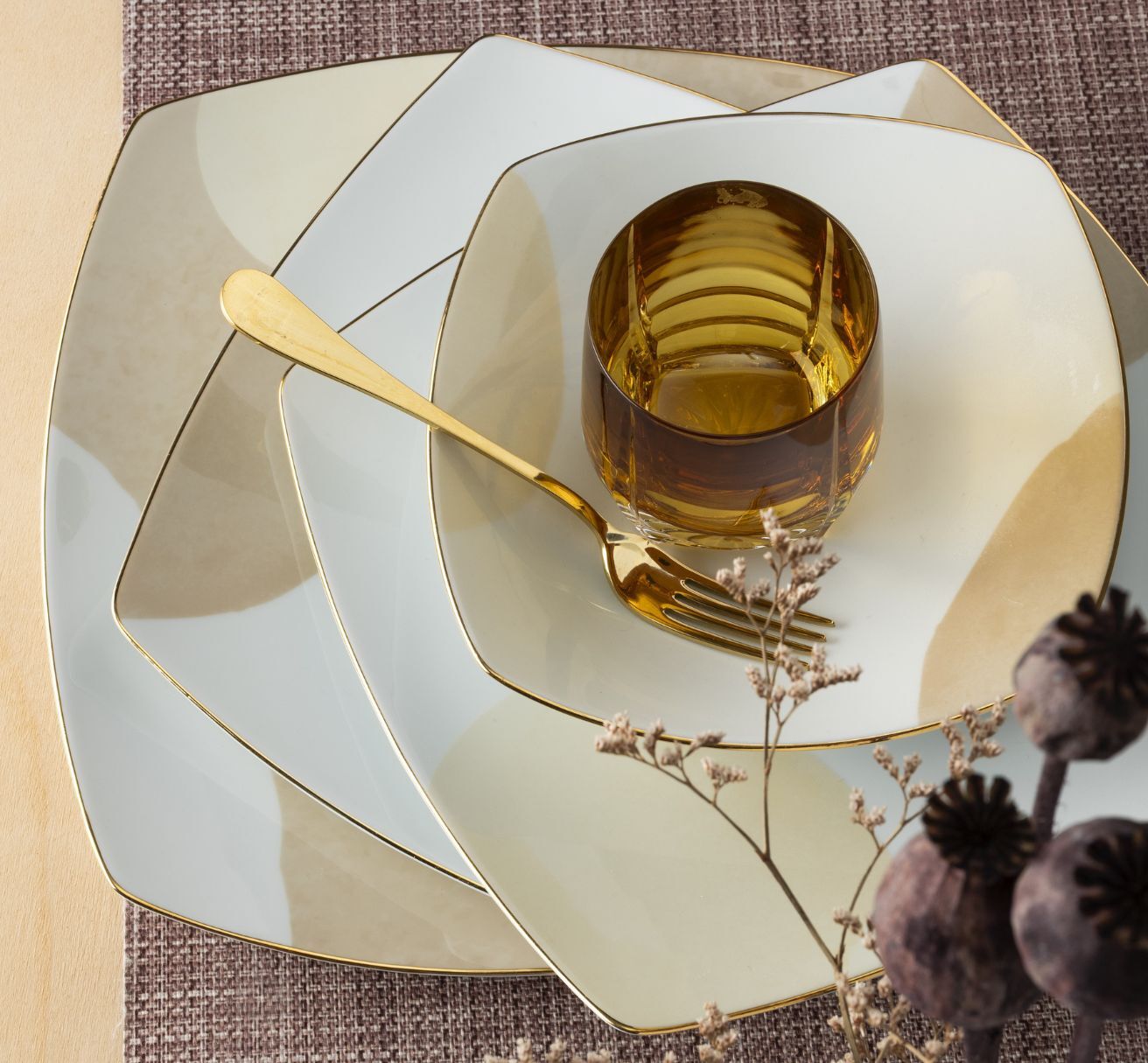 Weissestal Servizio in porcellana Square-O Ginko Gold con decoro oro