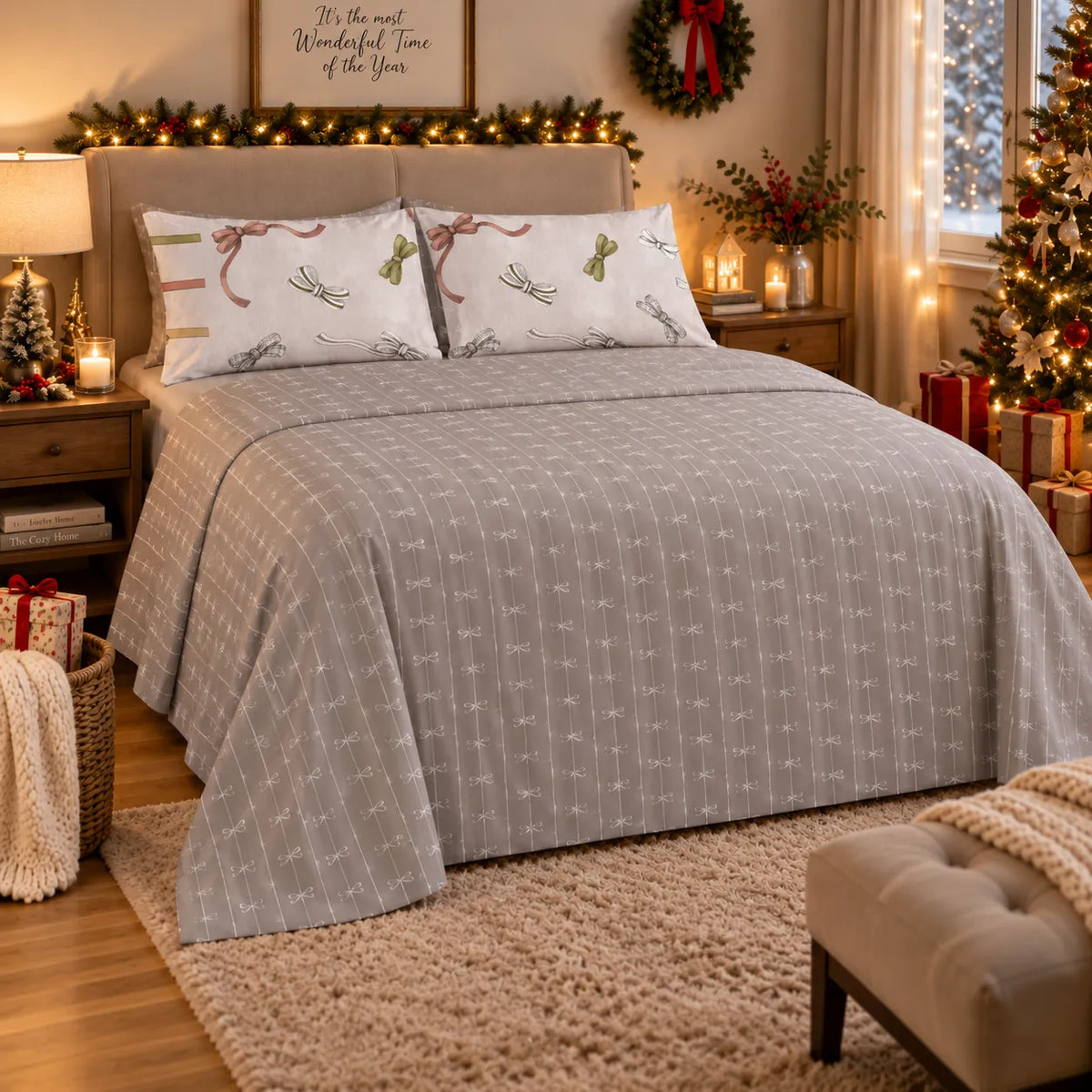 THUN® Completo Letto Matrimoniale Natale - Fantasia Fiocco Bows Multicolor