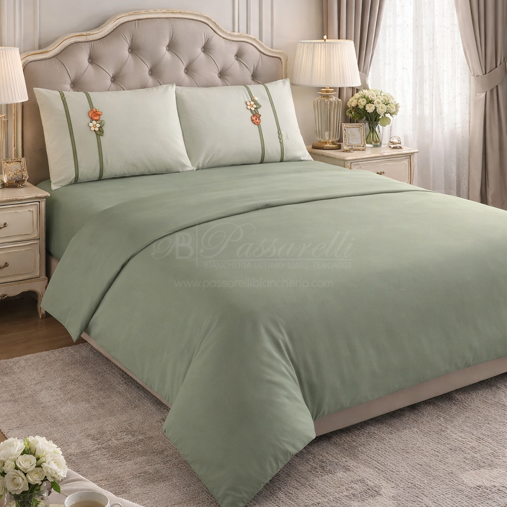 THUN® Completo Letto Matrimoniale in Cotone Country Bloom Green