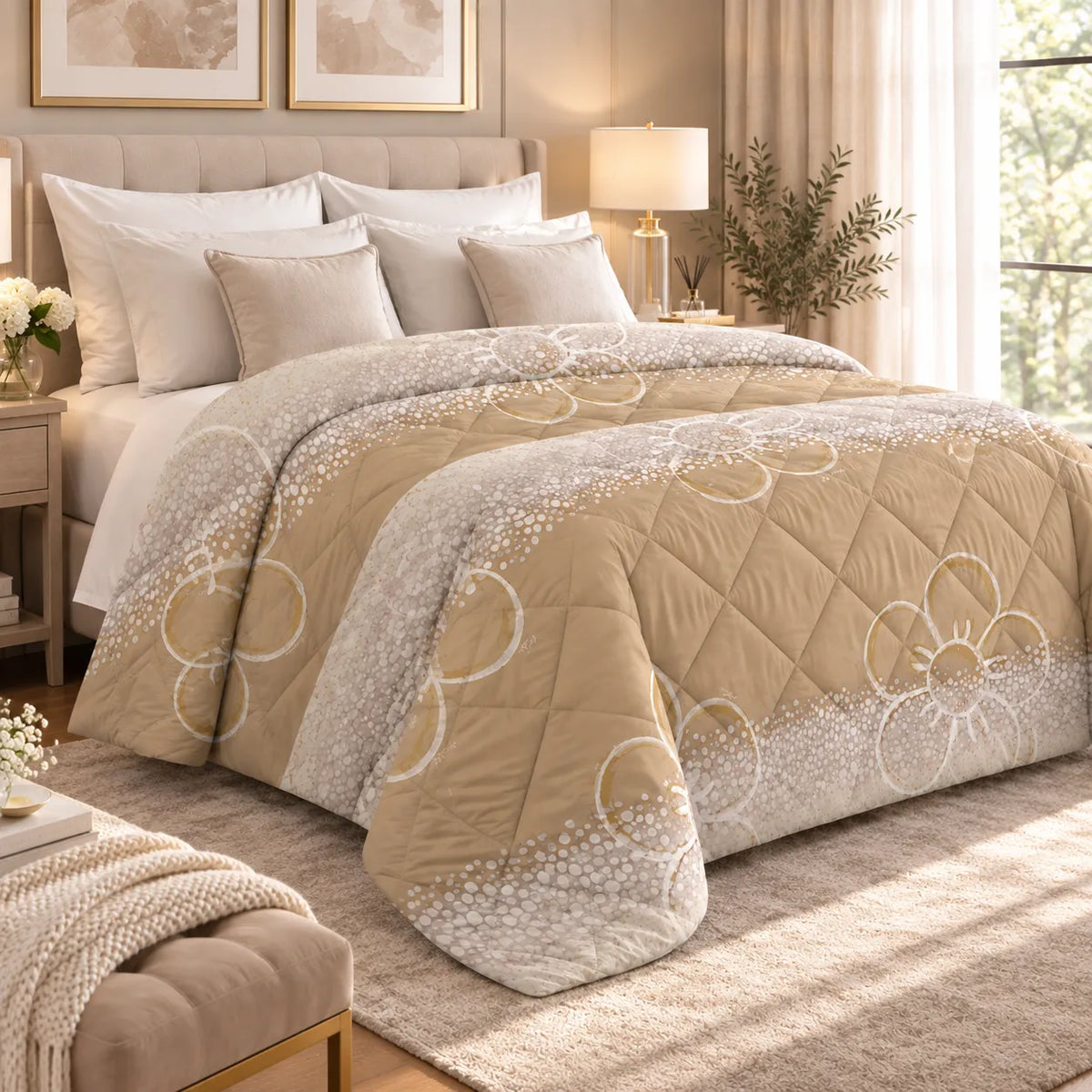 THUN® Trapunta Matrimoniale New Elegance - Fantasia Margherita Daisy Beige