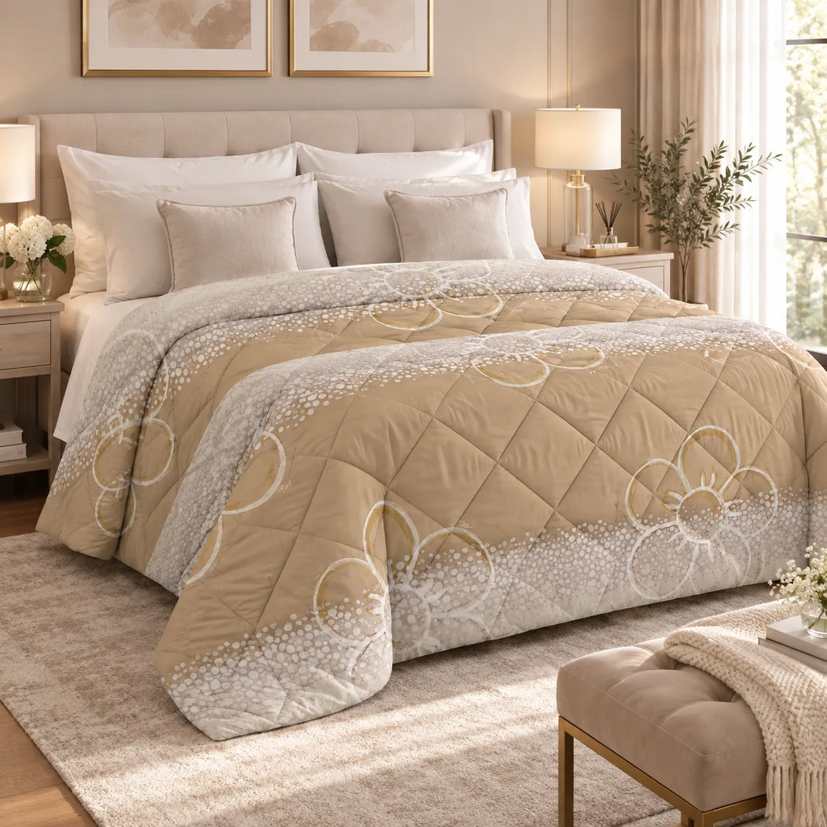 THUN® Trapunta Matrimoniale New Elegance - Fantasia Margherita Daisy Beige