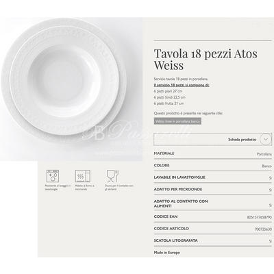 Servizio tavola 18pz ATOS WEISS in porcellana By Weissestal