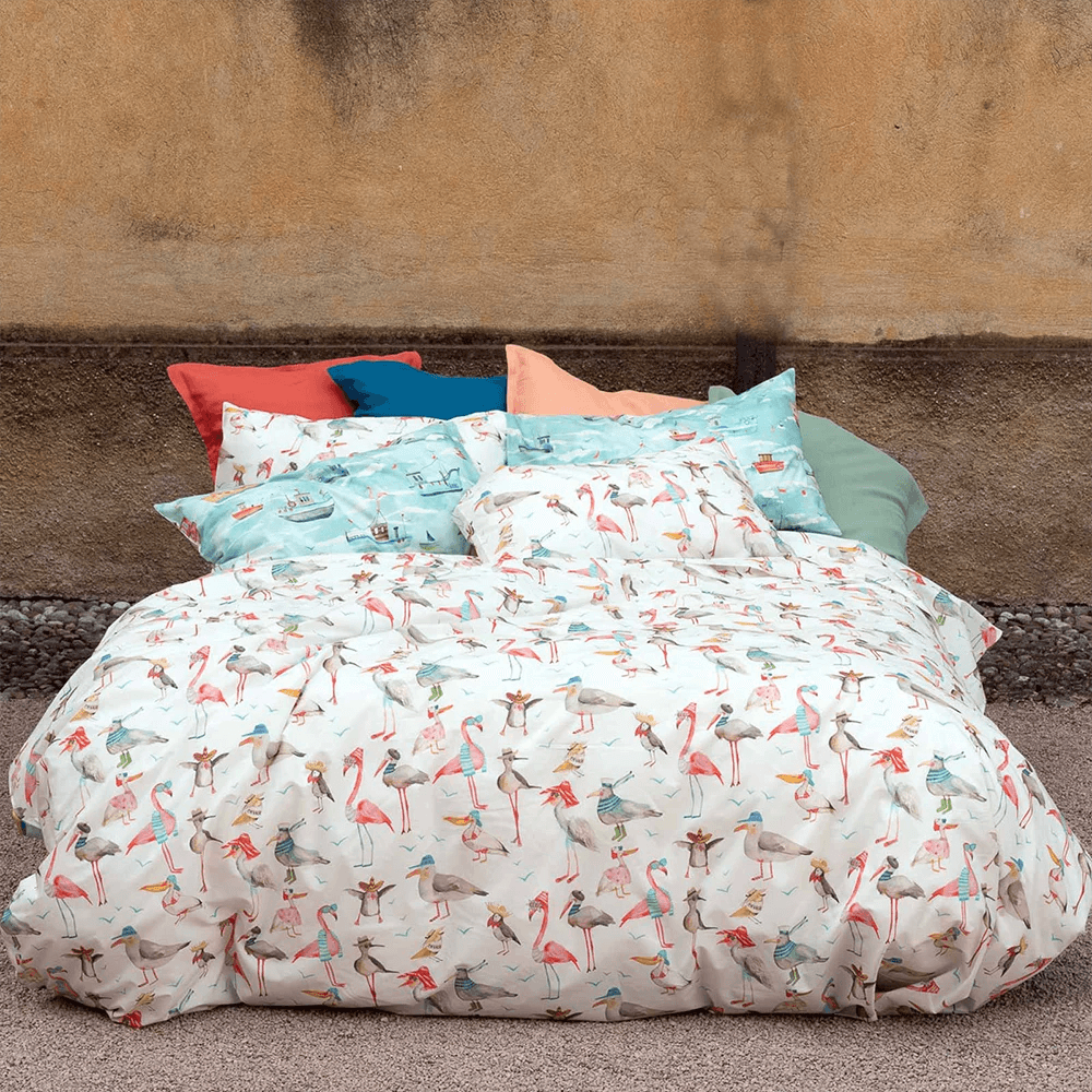 Tessitura Toscana Telerie Completo Lenzuola Matrimoniale Paranza Gabbiani B146 - Passarelli Biancheria