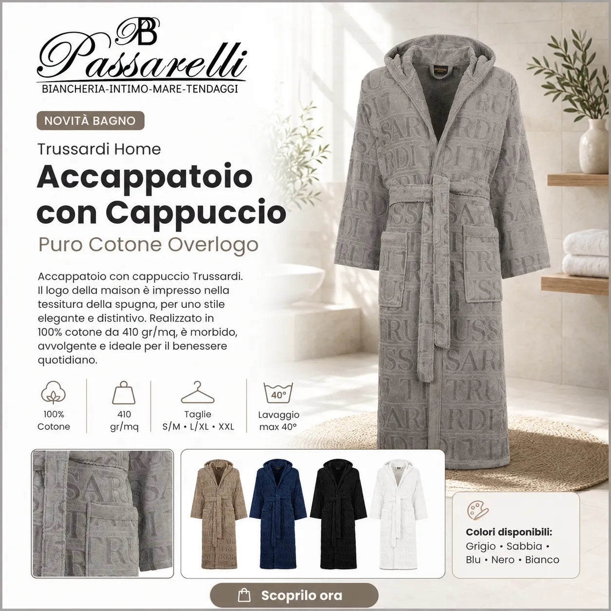 Trussardi Home Accappatoio con Cappuccio in Puro Cotone Overlogo