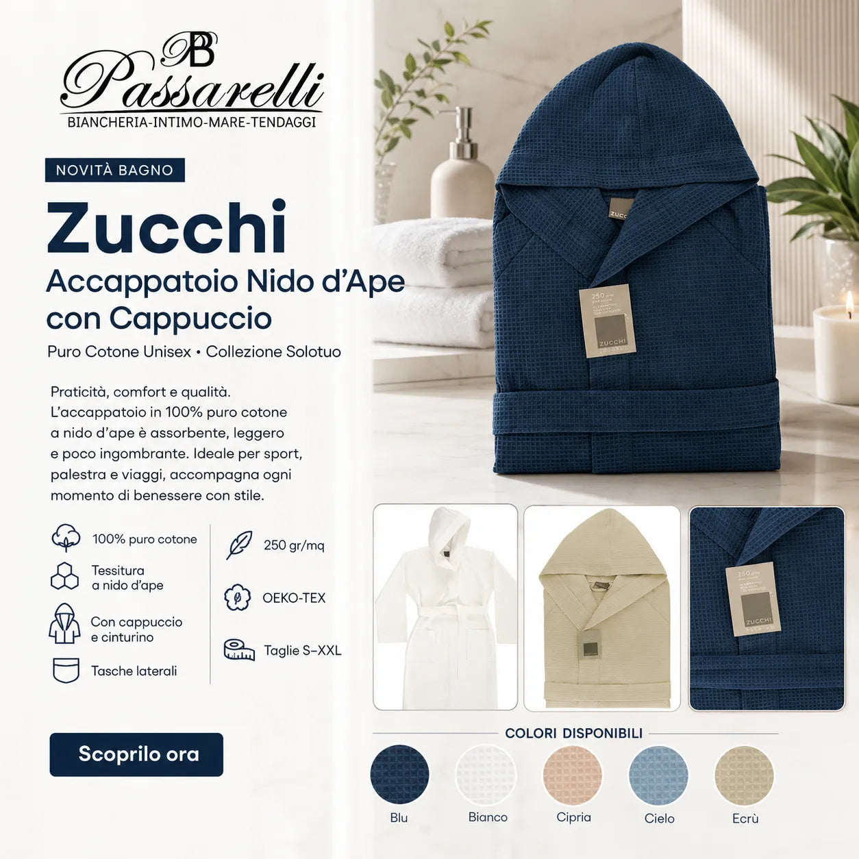 Zucchi Accappatoio Nido d'ape con Cappuccio Puro Cotone Unisex Solotuo