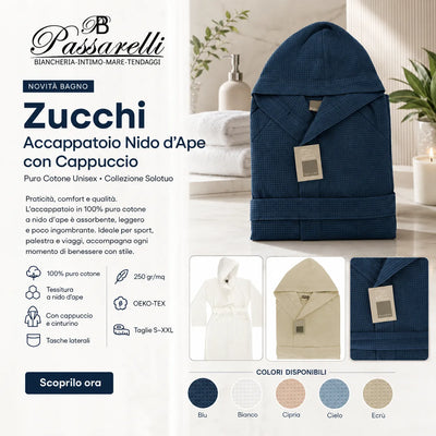Zucchi Honeycomb Bathrobe with Hood Pure Cotton Unisex Solotuo D44 