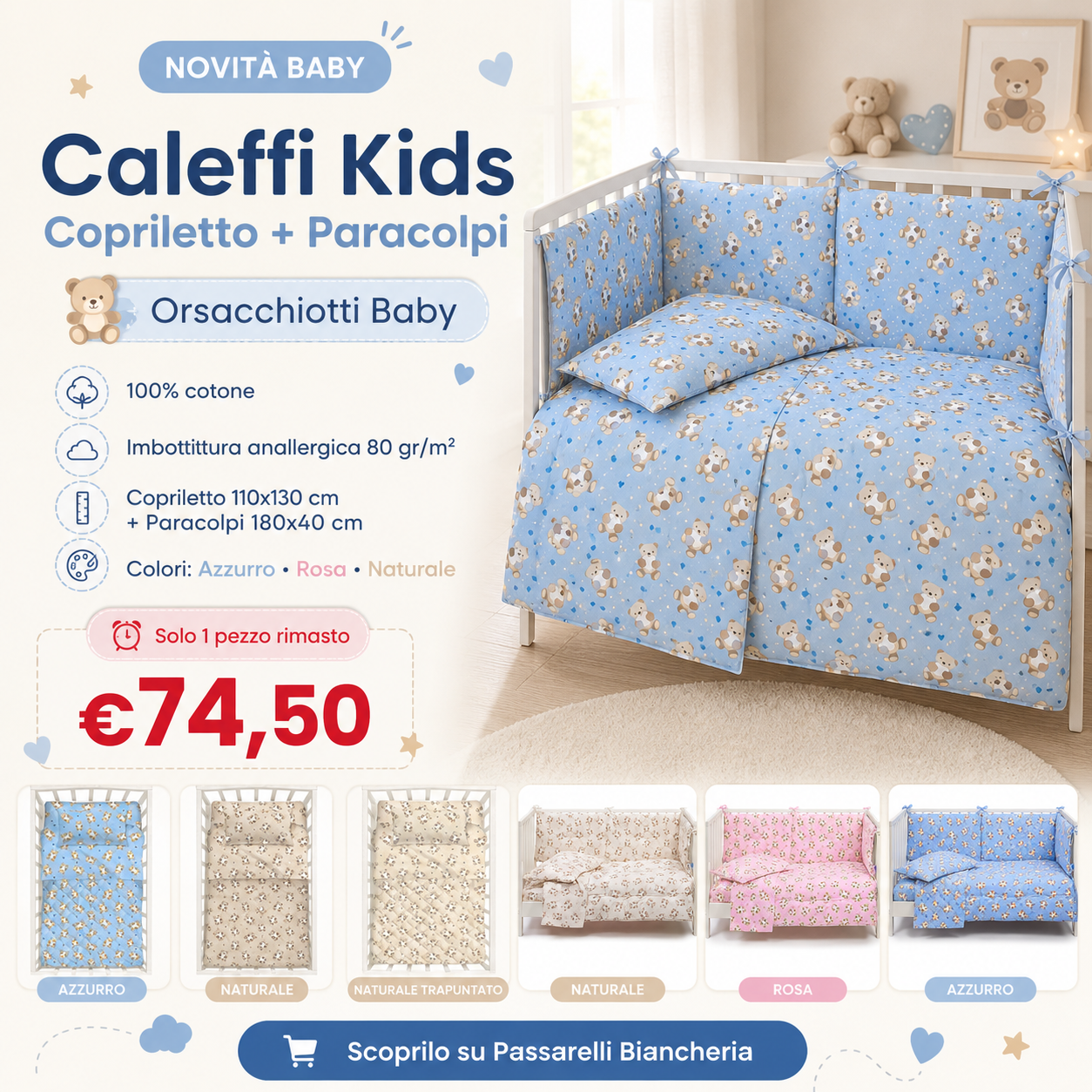 Caleffi Kids Copriletto Con Paracolpi In Cotone Orsacchiotti Baby 2505S60