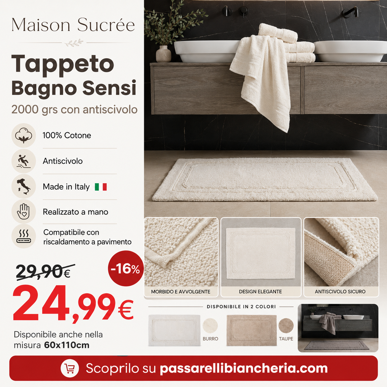 Maison Sucrée Tappeto Bagno 2000grs con Antiscivolo Sensi - Varie Dimensioni