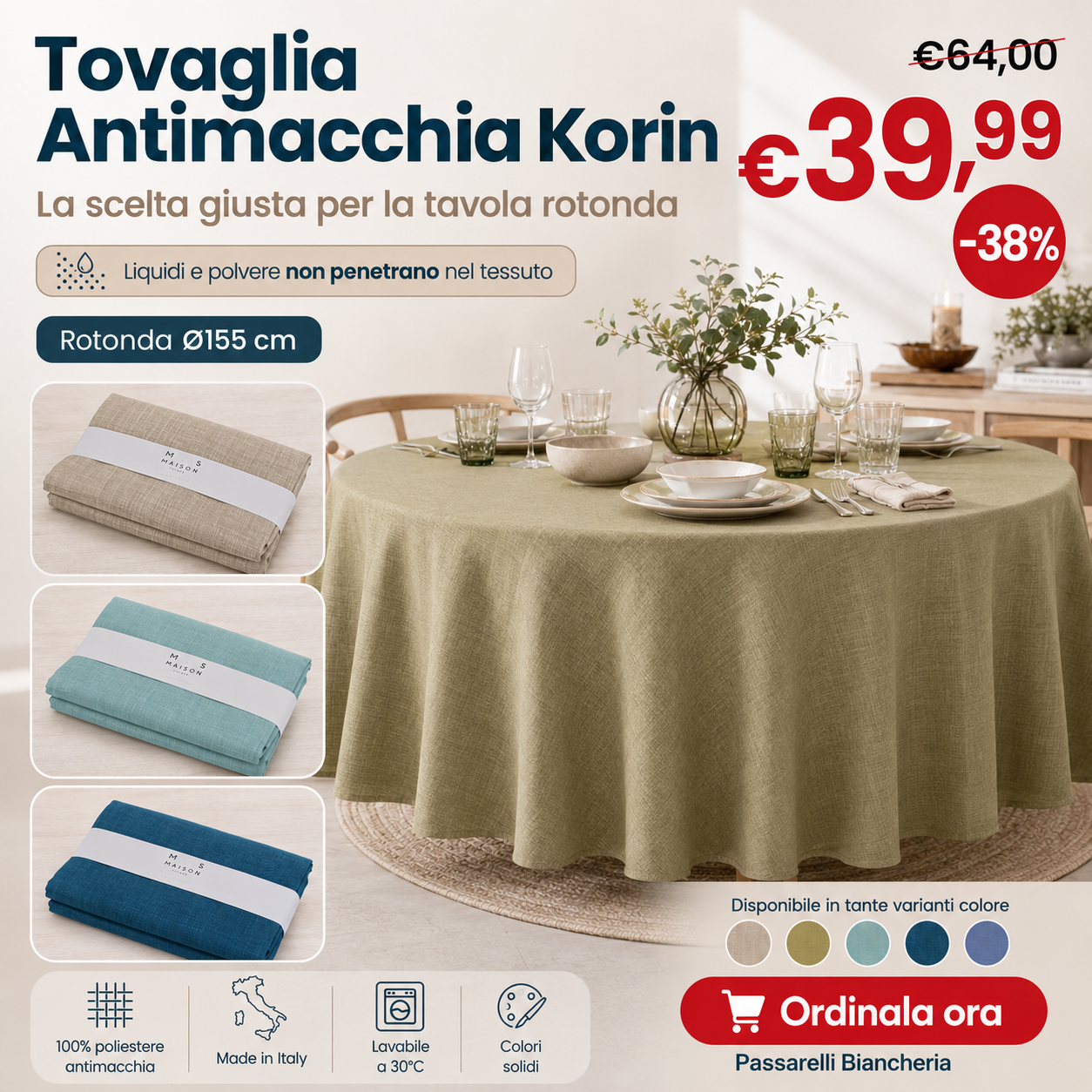 Maison Sucrée Tovaglia Antimacchia Tinta Unita Korin - Varie Dimensioni