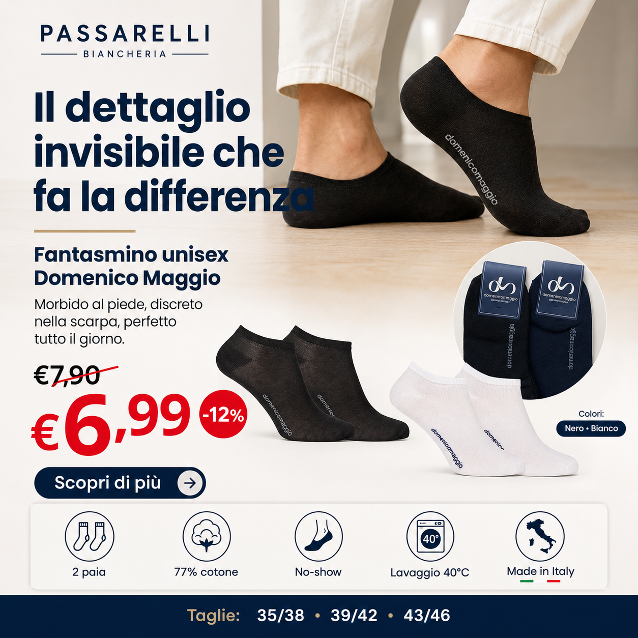 Domenico Maggio 2 Paia di Calza Fantasmino Unisex in filo di Cotone DM369