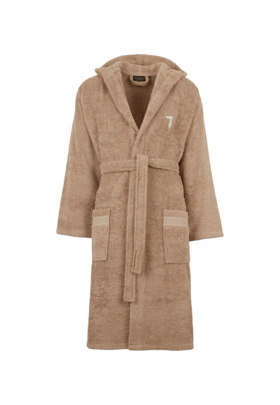 Trussardi Home Accappatoio con Cappuccio in Puro Cotone Ribbon color Tortora, unisex plush robe with logo.