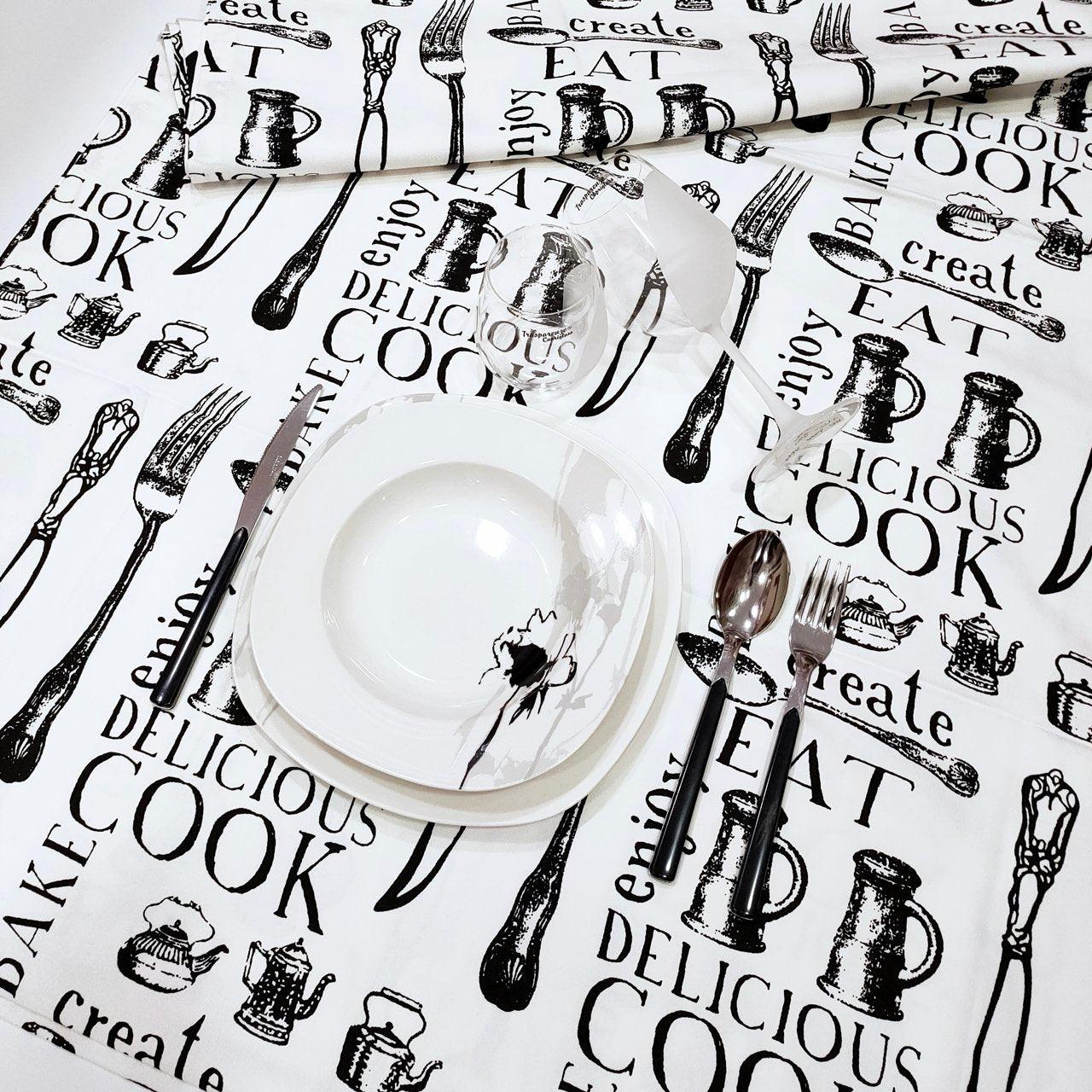 Maison Sucrèe Tovaglia Black & White Posate - Varie Dimensioni - Passarelli Biancheria