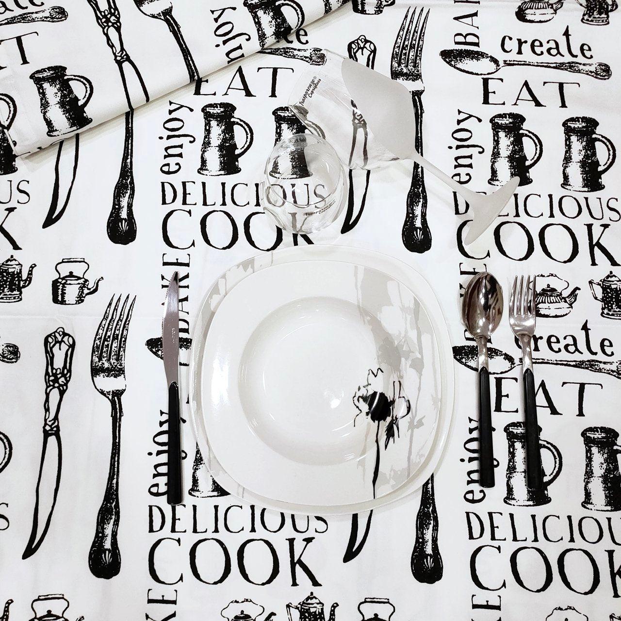 Maison Sucrèe Tovaglia Black & White Posate - Varie Dimensioni - Passarelli Biancheria