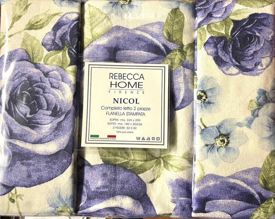 Rebecca Home Completo Lenzuola Matrimoniale in Flanella Nicol Fiore D50