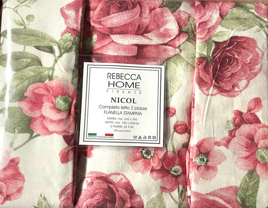 Rebecca Home Completo Lenzuola Matrimoniale in Flanella Nicol Fiore D50